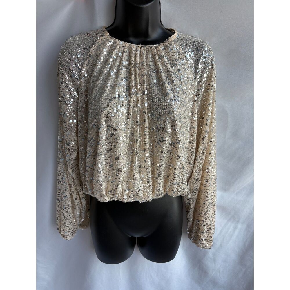 H&M Sparkling Beige Sequin Blouse Size M Party New Years Cocktail Silver Classy